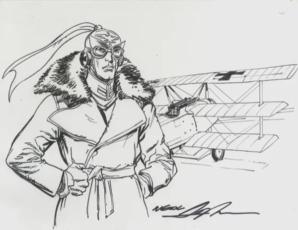 Neal Adams original Enemy Ace commission, full-body with Fokker Triplane
