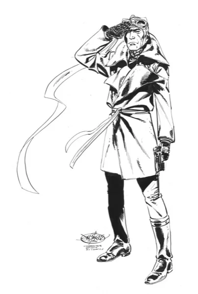 John Byrne original Enemy Ace commission sketch, September 2015, full-body pen and ink
