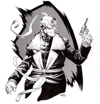 Chris Stevens original Enemy Ace commission, early 2026, 9x12 pen and ink, Enemy Ace gripping a Luger P08 pistol
