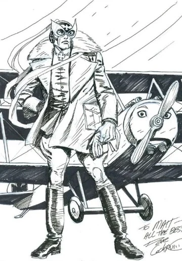 Dave Cockrum original Enemy Ace commission sketch, January 2015, pen and ink full-body with Fokker Triplane