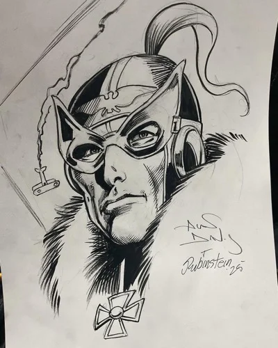 Alan Davis pencils and Joe Rubinstein inks, original Enemy Ace commission, March 2025, close-up portrait with Fokker triplane background