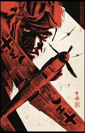Francesco Francavilla original Enemy Ace illustration, October 2010, Pulp Sunday series, chiaroscuro ink with blood-orange palette