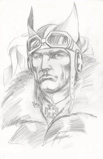 Mike Grell original Enemy Ace graphite portrait sketch, March 2012, bust portrait