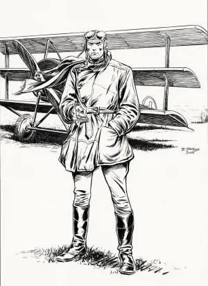 Joshua George original Enemy Ace pin-up illustration, 2018, pen and ink
