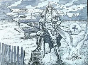 Scott Kolins original commission illustration, 2021, pen ink and gray tone markers, depicting Manfred von Richthofen the Red Baron