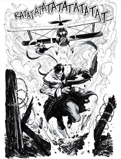 Chris Mooneyham original Enemy Ace commission, 2024, ink on board, Enemy Ace sprinting through a trench with strafing biplane overhead