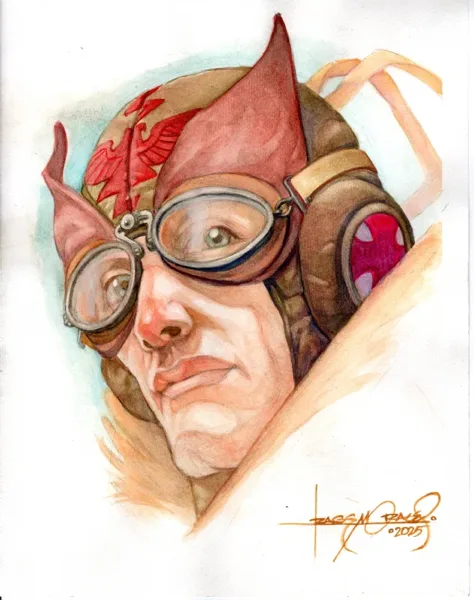 Rags Morales original Enemy Ace watercolor portrait, 2025