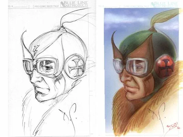 Dave Stevens pencil sketch of Enemy Ace with Tom Smith digital coloring