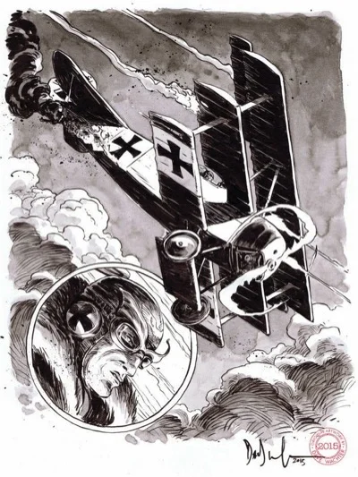 Dave Wachter original Enemy Ace commission, 2015, ink on board, Fokker triplane in dogfight with close-up portrait inset