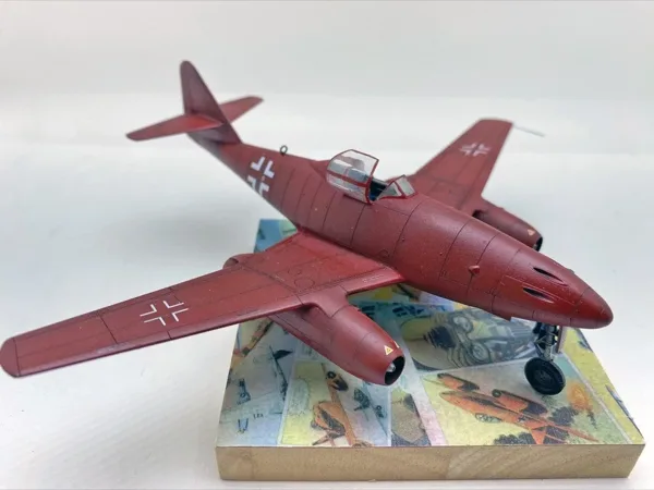Custom crimson Messerschmitt Me 262 jet fighter scale model