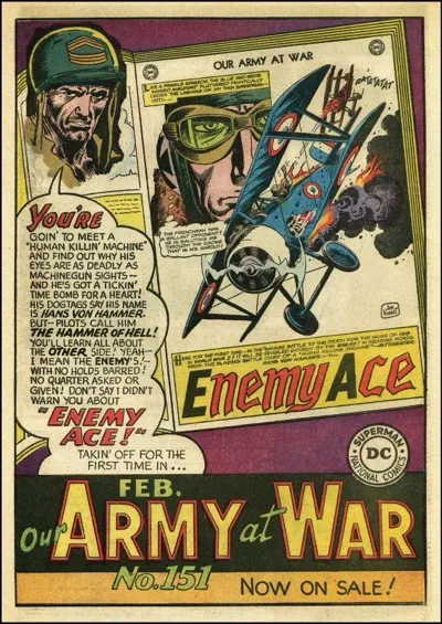 DC Comics 1964 "Takin' Off For The First Time" house advertisement announcing Enemy Ace's first appearance, art by Joe Kubert, lettered by Ira Schnapp