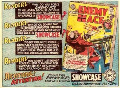 DC Comics 1965 "Readers — Why Do You Force Enemy Ace to Kill Again?" house advertisement promoting Showcase #58, art by Joe Kubert, lettered by Ira Schnapp