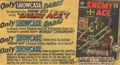 DC Comics 1965 "Only Showcase Dares" launch advertisement for Enemy Ace in Showcase #57, art by Joe Kubert, lettered by Ira Schnapp