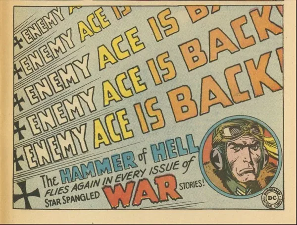 DC Comics 1968 "Enemy Ace is Back" comic-book strip advertisement, art by Joe Kubert, lettered by Ira Schnapp