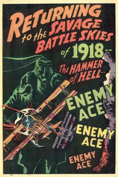 DC Comics 1968 "Savage Battle Skies" house advertisement for Enemy Ace, art by Joe Kubert, lettered by Ira Schnapp