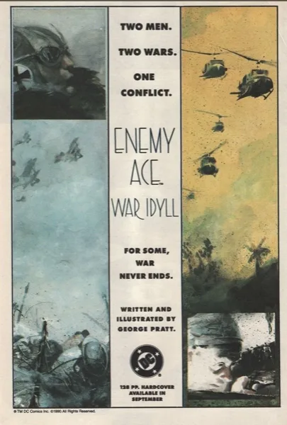 DC Comics 1990 "Enemy Ace: War Idyll" house advertisement by George Pratt, ran in Swamp Thing #99 and Hellblazer #33
