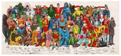 History of the DC Universe 1987 promotional jam poster featuring 53 DC characters, Enemy Ace drawn by Dave Stevens