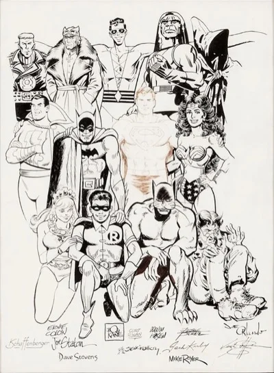 History of the DC Universe — in-process pencil layout by Joe Kubert, showing Enemy Ace positioning among 53 DC characters